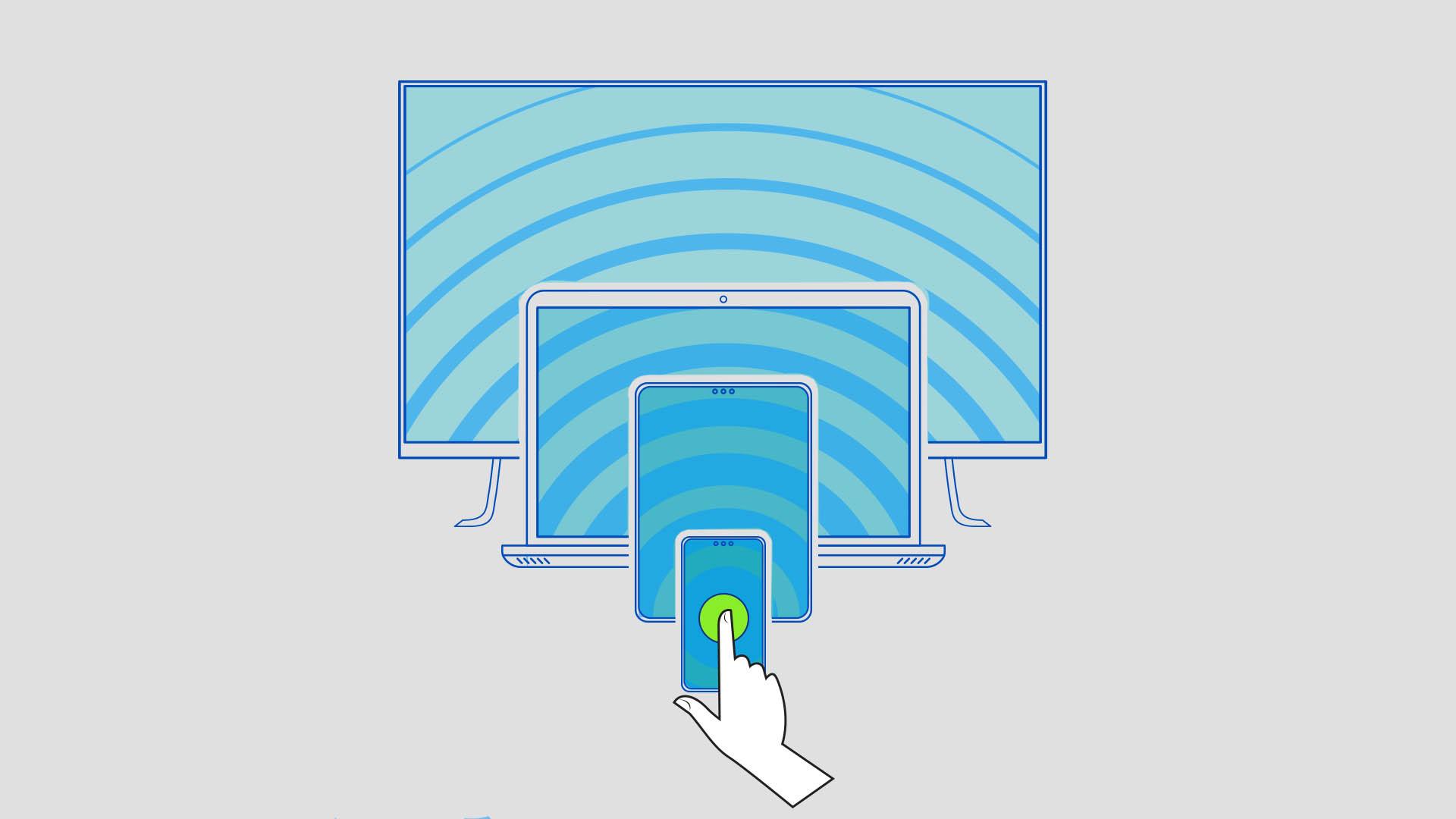 Illustration shows devices lined up behind each other in the order of phone, tablet, laptop and TV, while a hand taps a green circle on the phone.
