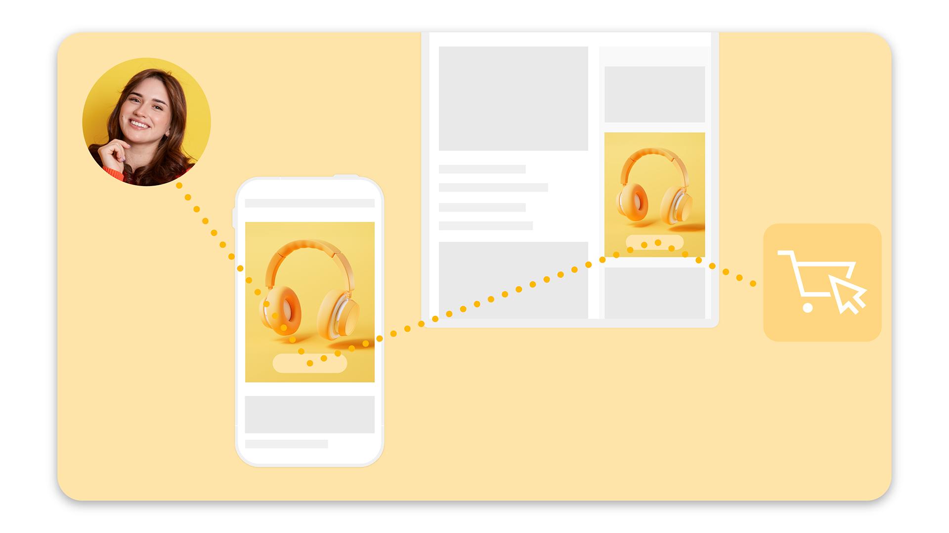 Image of shopper seeing consumer advertisement on mobile and desktop devices and then purchasing.