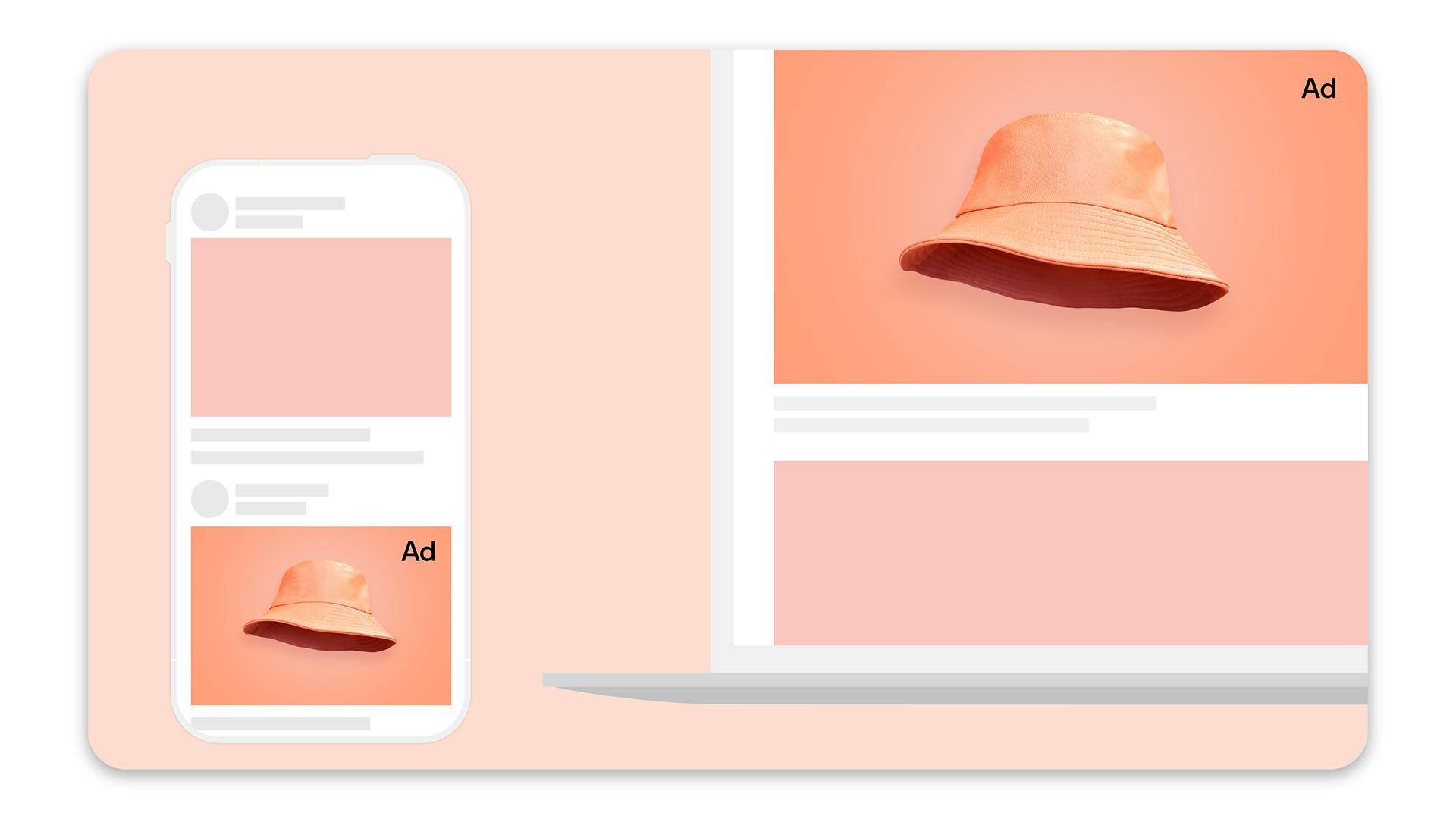 Orange graphic with a phone and a laptop, displaying an ad for a bucket hat