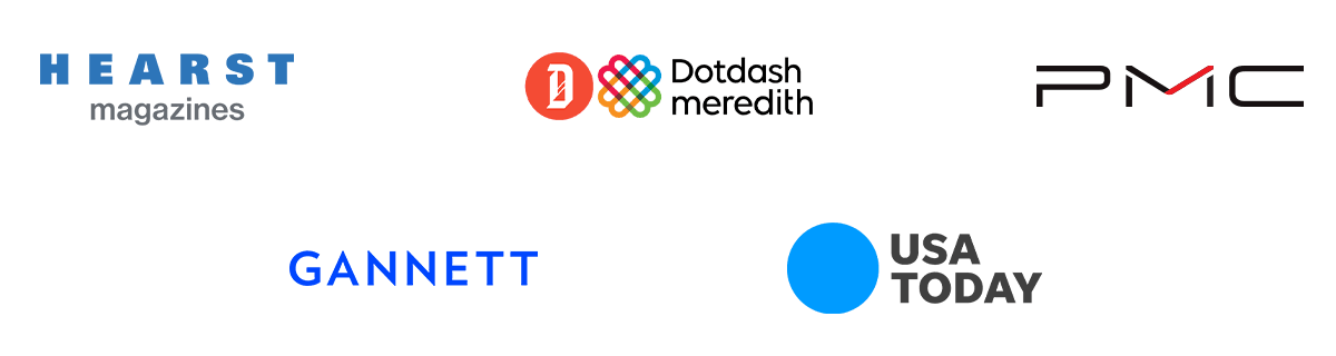 Graphic shows Hearst Magazines, Dotdash Meredith, PMC, Gannett, USA Today logos